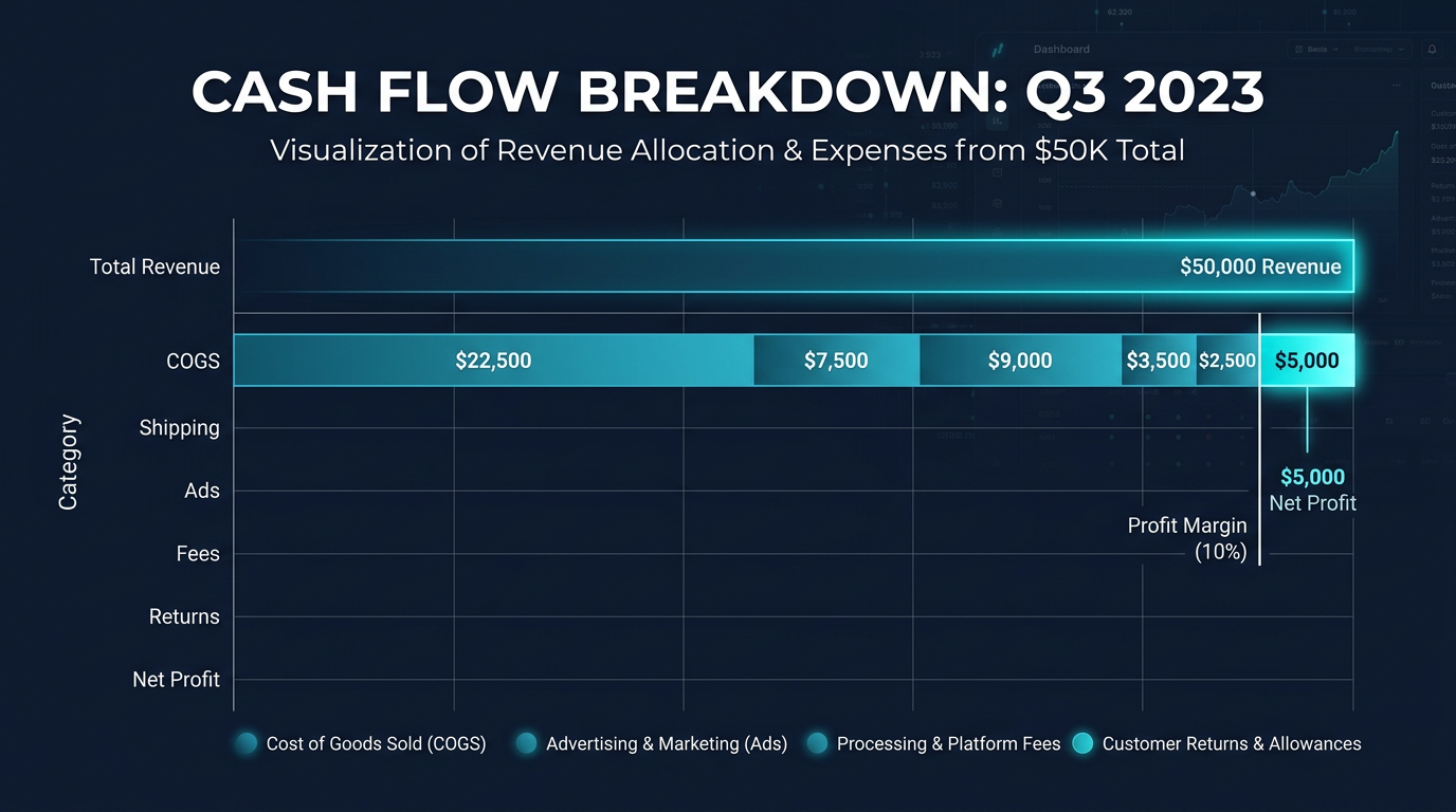 Cash flow breakdown showing why a 50K per month Shopify store has no money left after all expenses