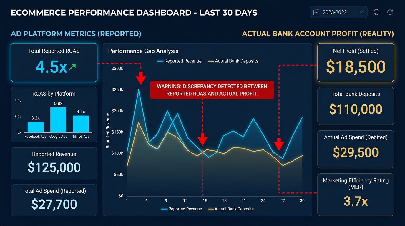Dashboard comparison showing ad platform ROAS versus actual profit per order for Shopify store with hidden cost layers revealed