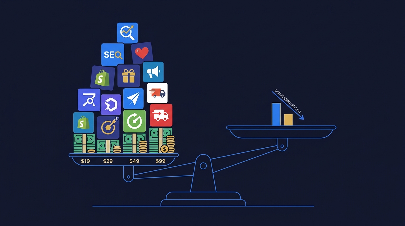 Stack of Shopify app subscription icons with dollar amounts showing how recurring costs accumulate to eat into store profit margins