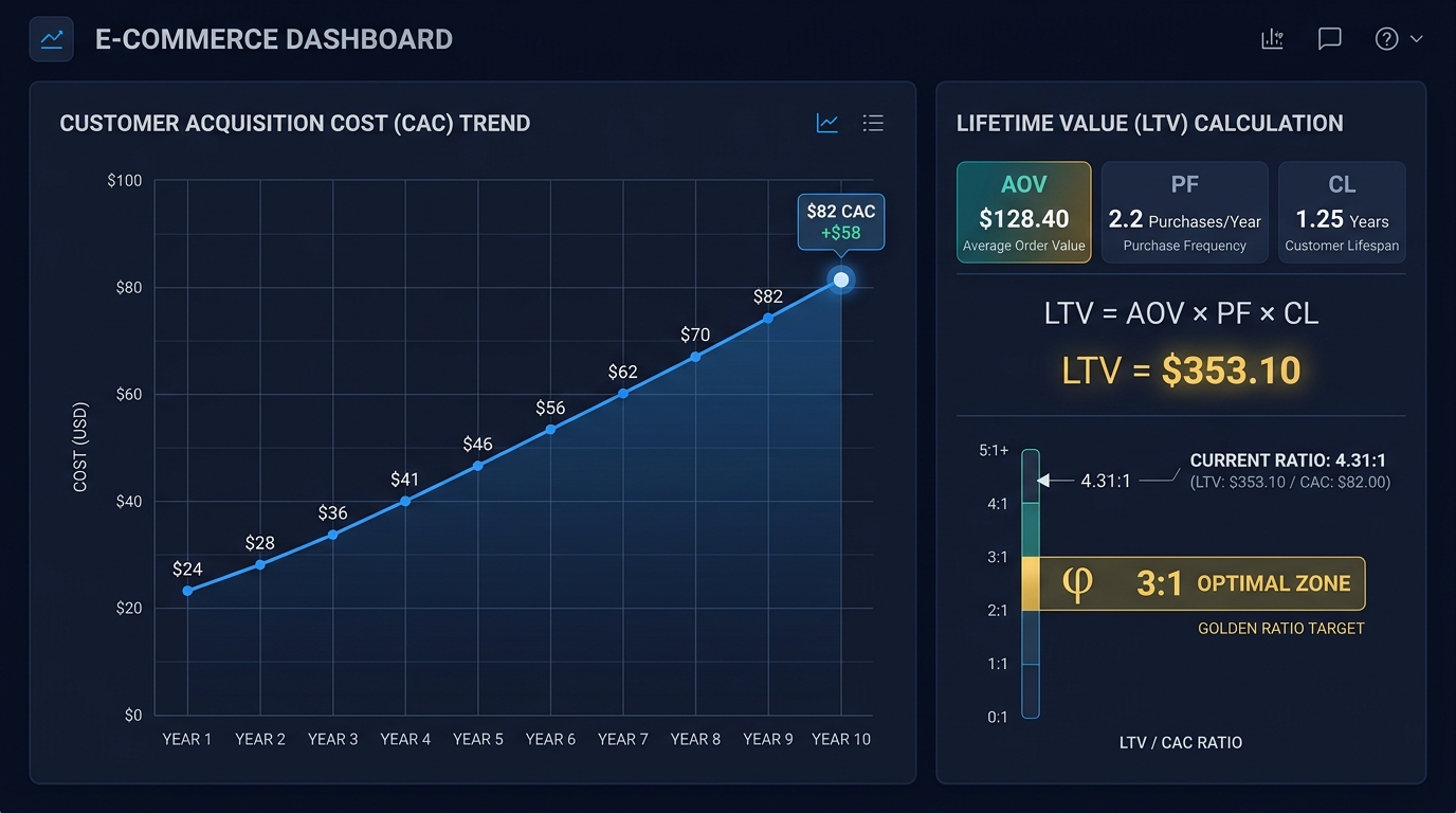 CAC versus LTV comparison diagram for ecommerce showing customer acquisition cost rising while lifetime value metrics help determine business viability