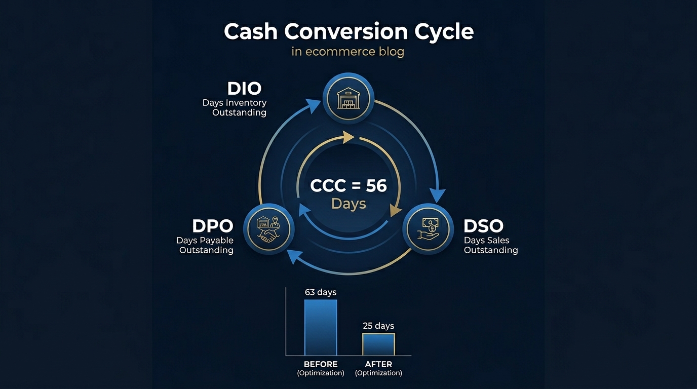 Cash conversion cycle diagram for ecommerce showing days inventory outstanding, days sales outstanding, and days payable outstanding with money flow arrows