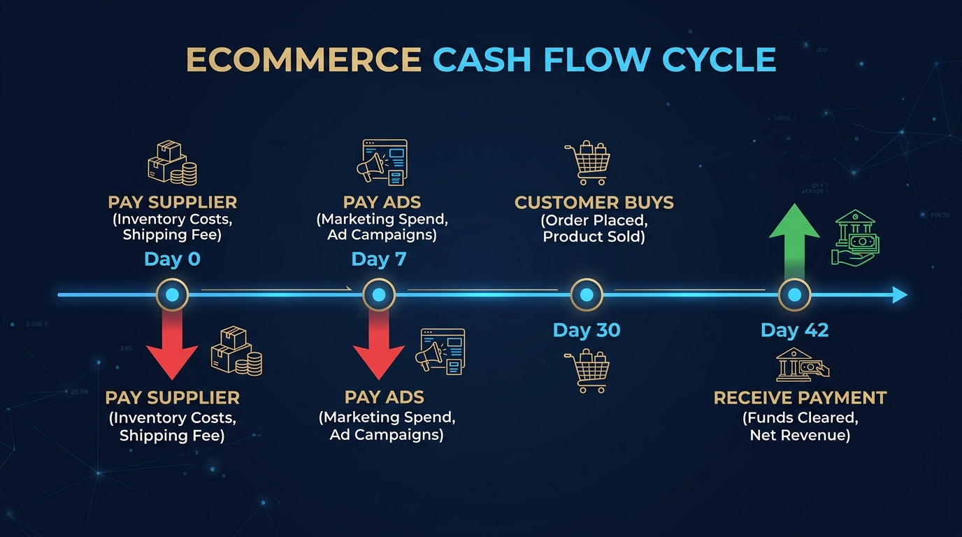 Timeline visualization showing cash outflows on days 0-7 and inflows on days 30-45 for a typical ecommerce order cycle
