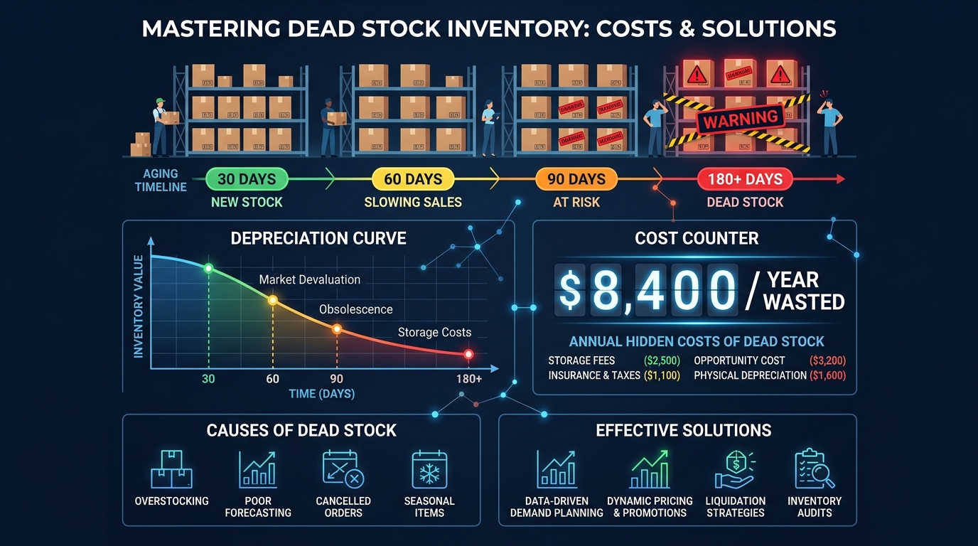 Visual showing dead stock inventory sitting in warehouse costing money over time with aging timeline and depreciation chart
