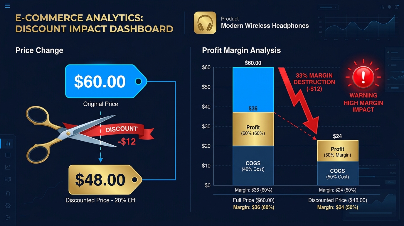Illustration showing how a 20 percent discount code reduces profit by 50 percent on a product with 40 percent gross margin including cost breakdown