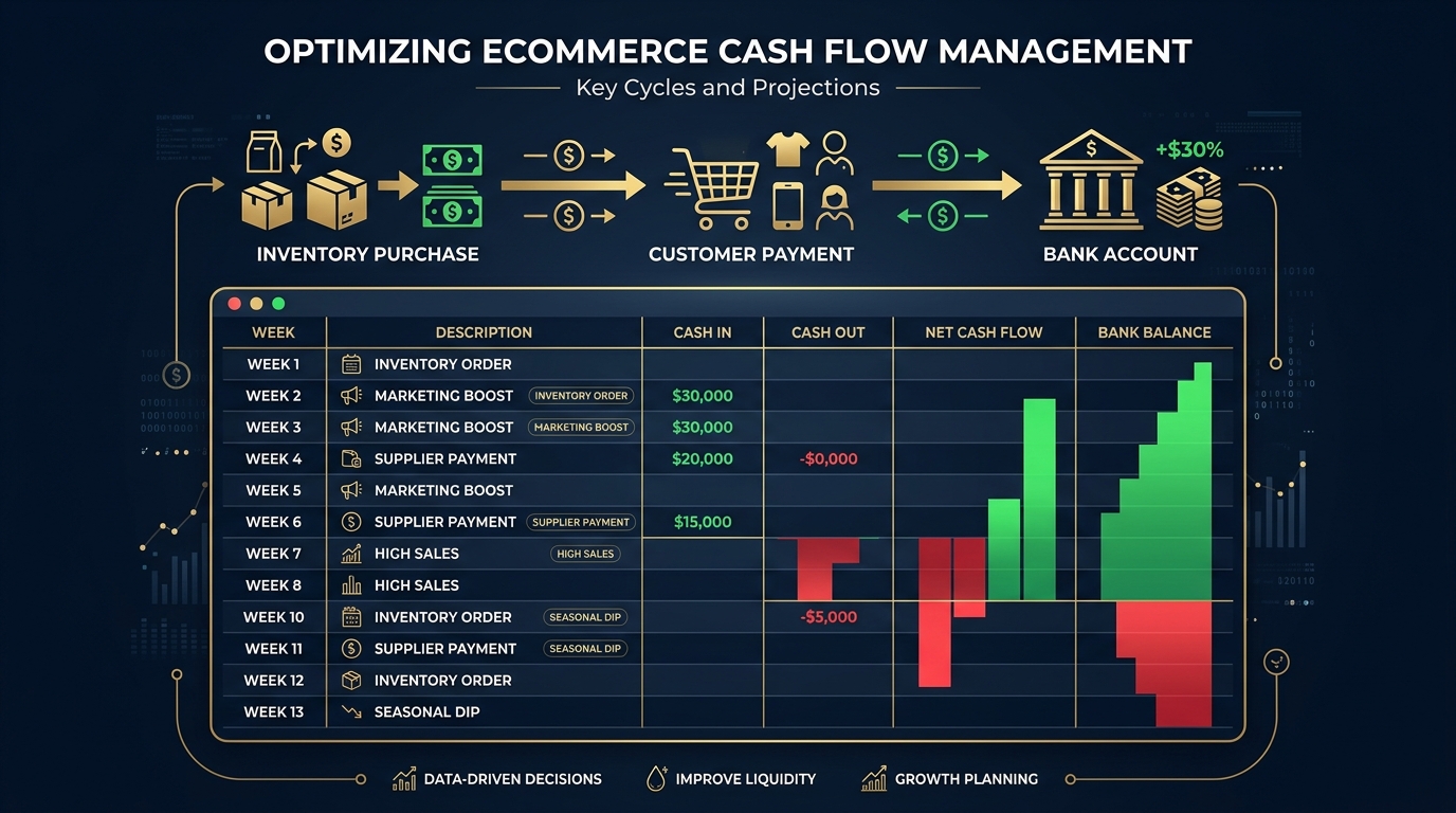 Cash flow timeline diagram for ecommerce showing money moving between inventory purchases, customer payments, and expenses over a typical month