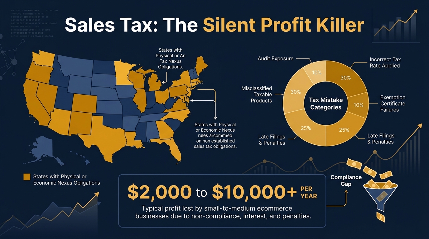 Ecommerce sales tax infographic showing nexus map, common tax mistakes, and profit impact calculations