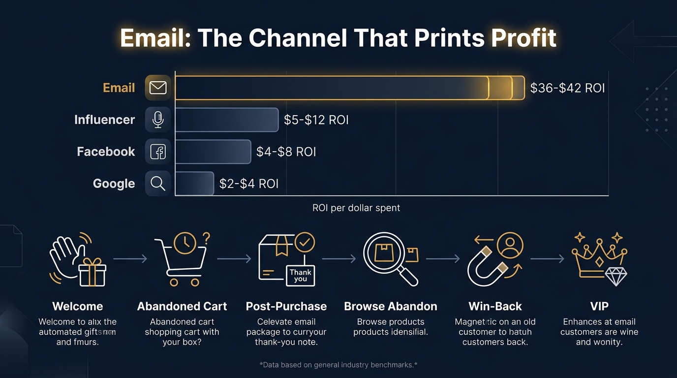 Email marketing ROI infographic showing revenue flow comparison between email, paid ads, and organic channels