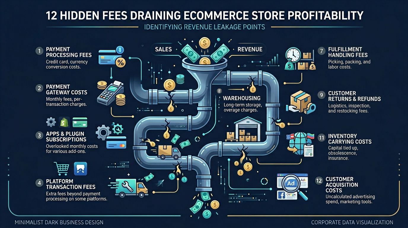 Infographic showing 12 hidden fees in a Shopify store that reduce profit margins for ecommerce sellers