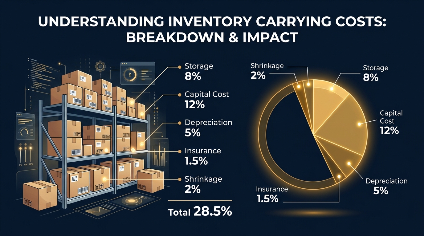 Breakdown of inventory carrying costs for ecommerce showing warehouse storage, depreciation, opportunity cost, insurance, and shrinkage percentages