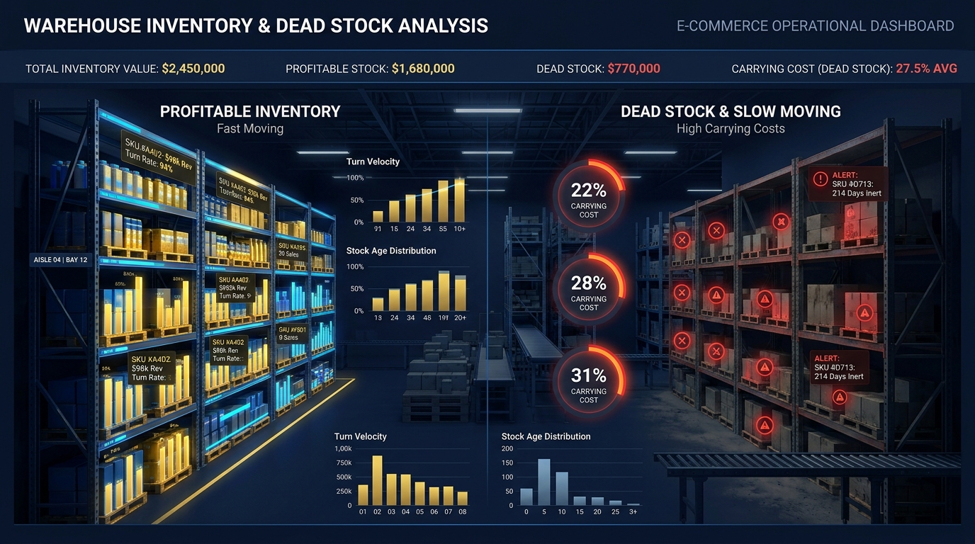 Warehouse shelves with visualization overlays showing dead stock costs, carrying costs, and opportunity cost percentages