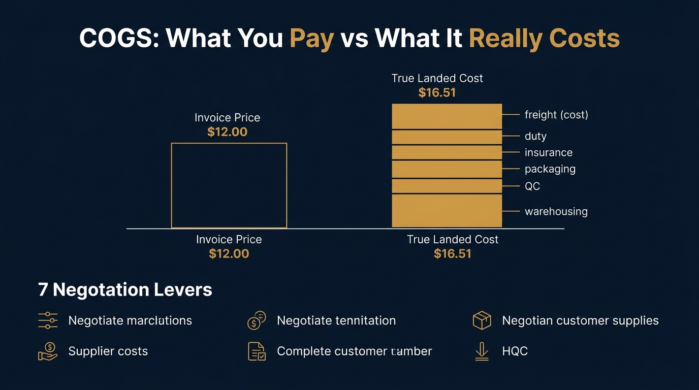 COGS negotiation infographic showing supplier negotiation tactics and potential savings breakdown
