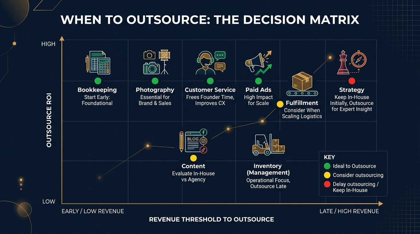 Ecommerce outsourcing decision framework showing in-house vs outsource comparison for 8 operations