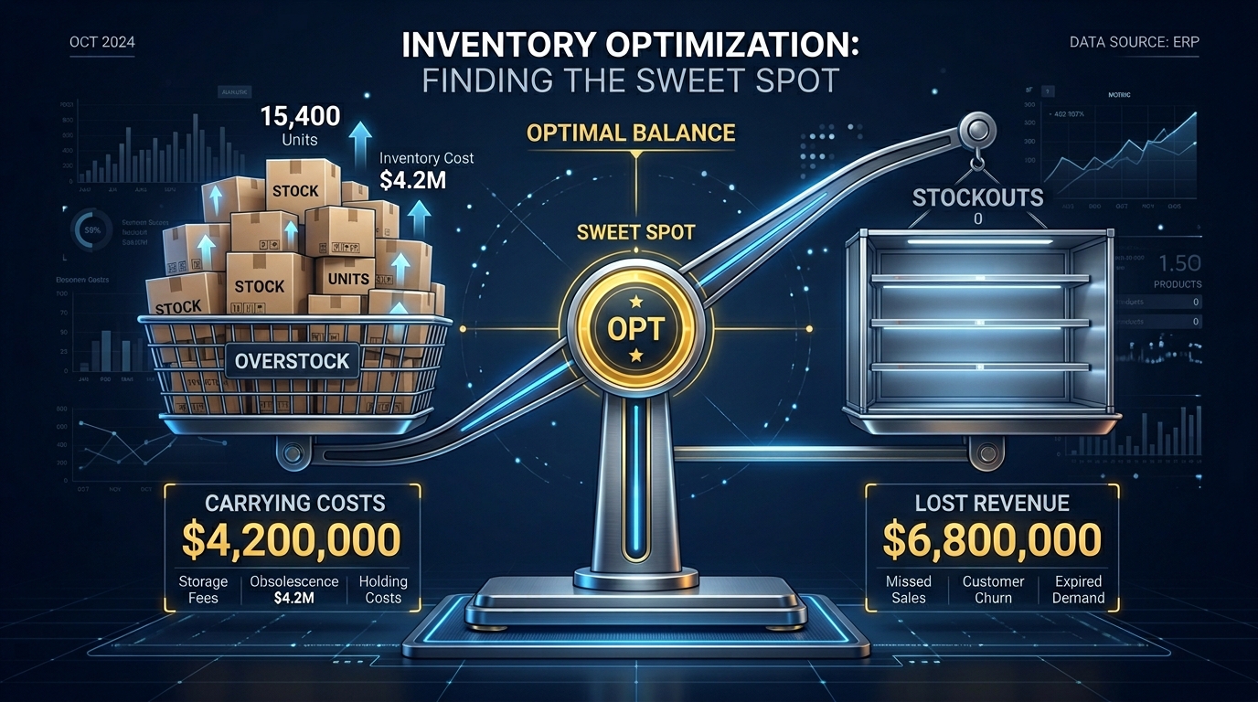 Balance scale visualization with overstock costs on one side and stockout losses on the other, with the sweet spot in the middle
