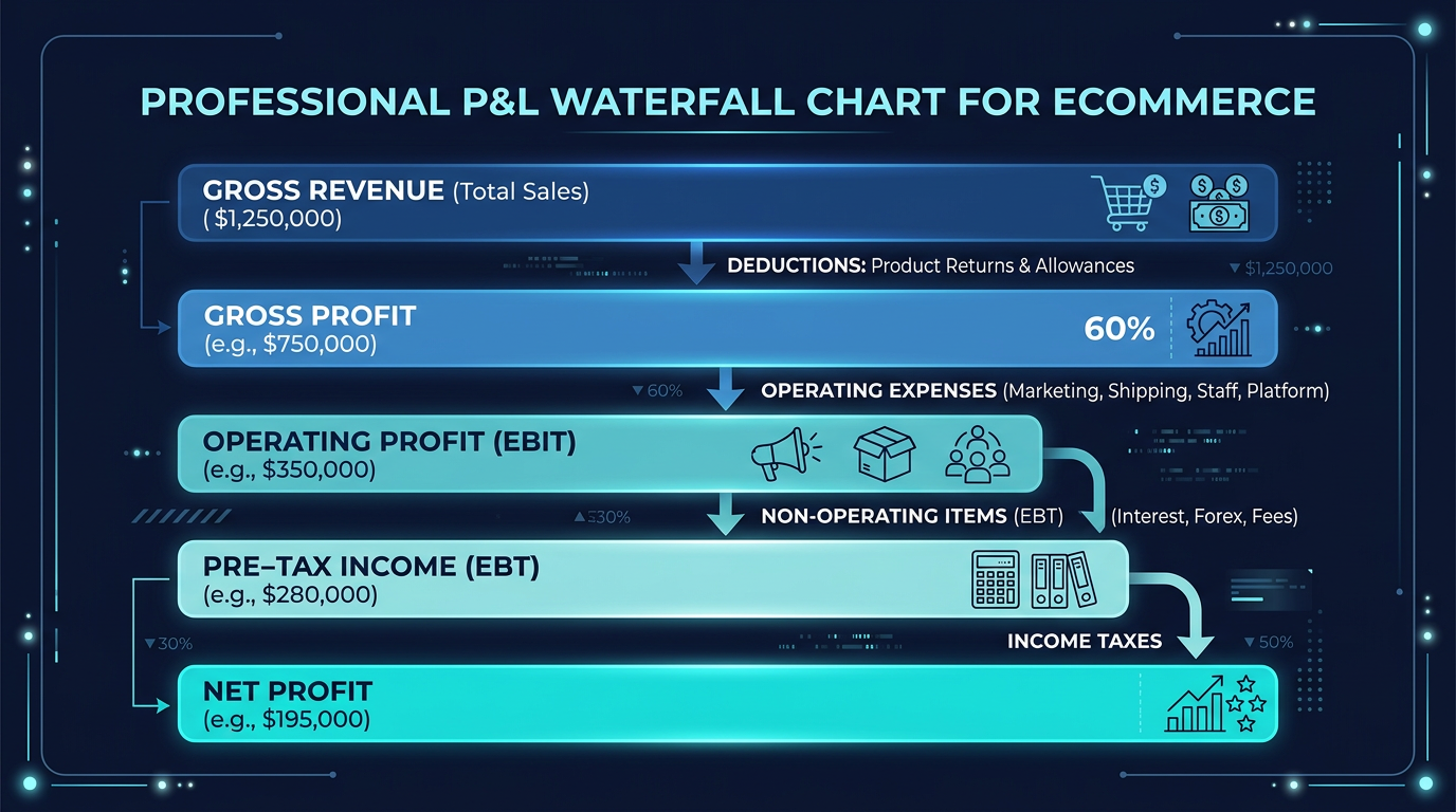 Simple visual guide explaining how to read a profit and loss statement for ecommerce founders with no finance background