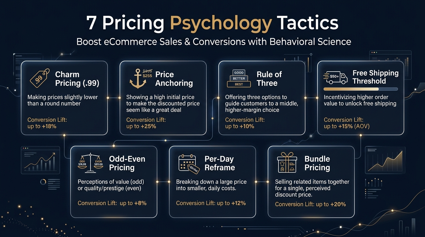 Pricing psychology infographic showing 7 tactics with conversion rate improvements and margin impact data