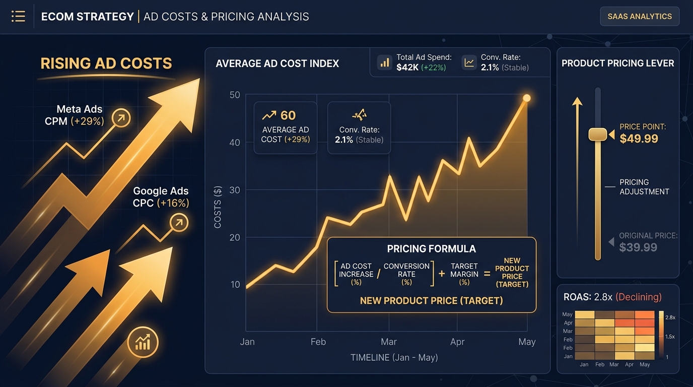 Pricing strategy framework for ecommerce when advertising costs are rising showing CAC impact on profit margins