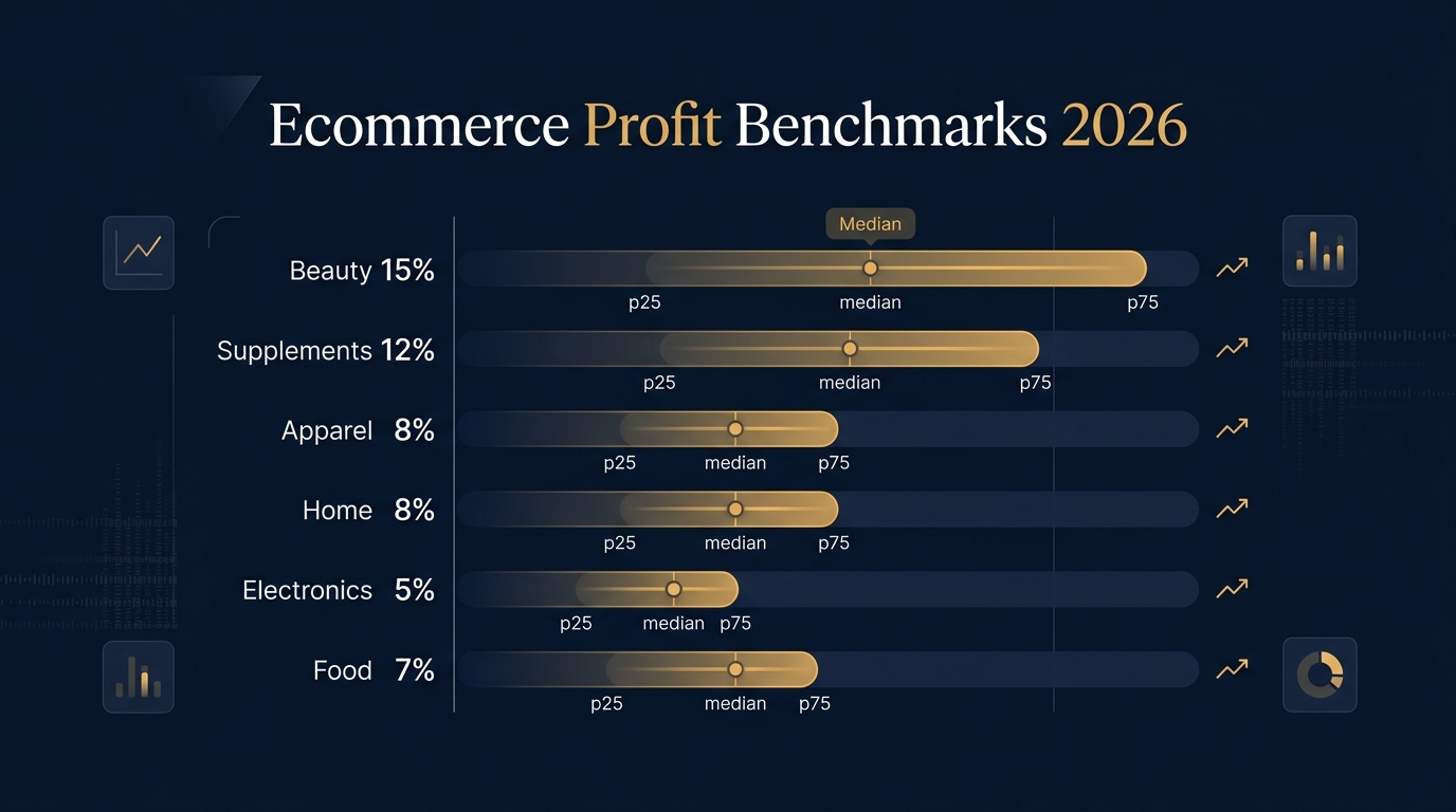 Ecommerce profit benchmarks 2026 infographic showing margin ranges by category with percentile distribution