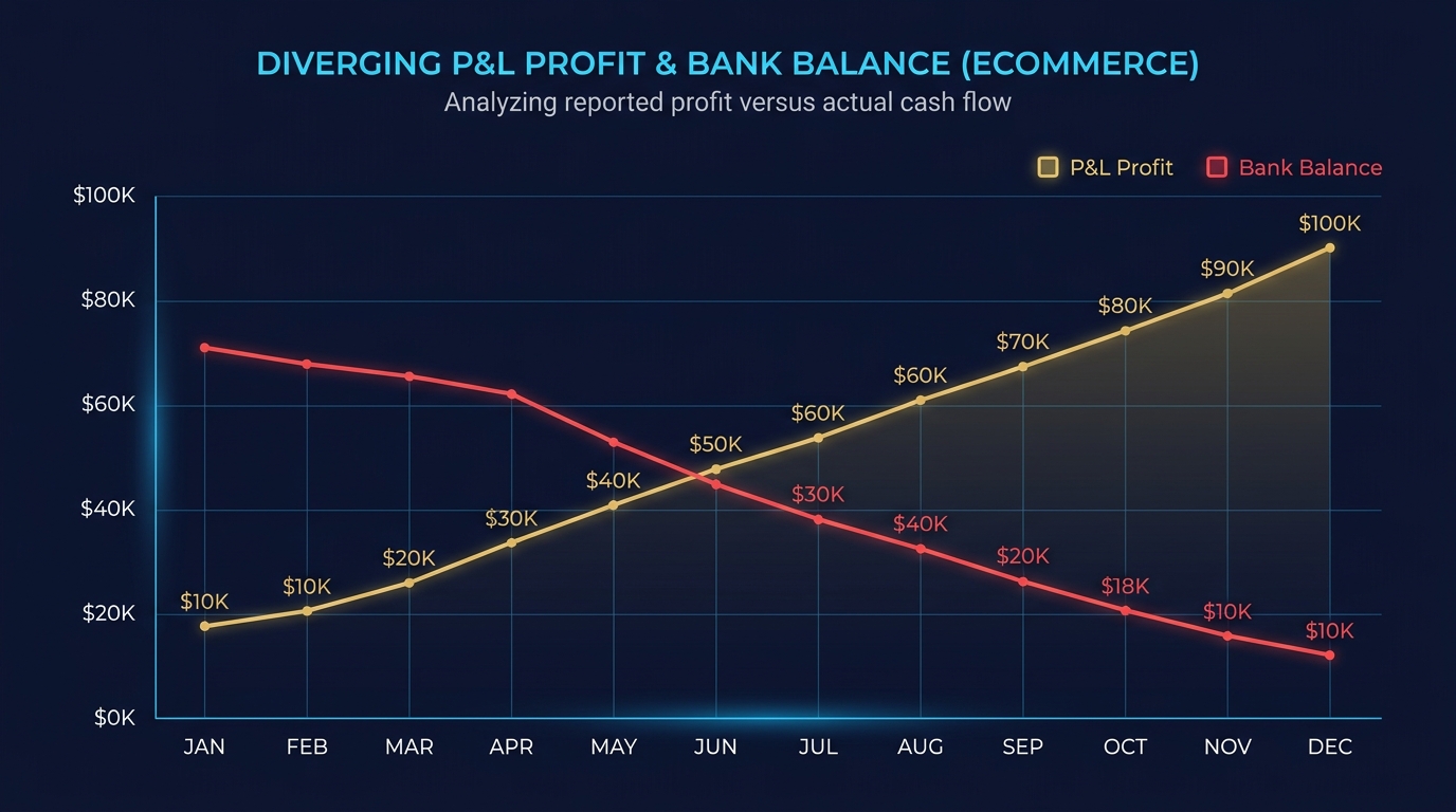 Data visualization showing diverging lines of reported profit versus actual bank balance for an ecommerce store over 6 months