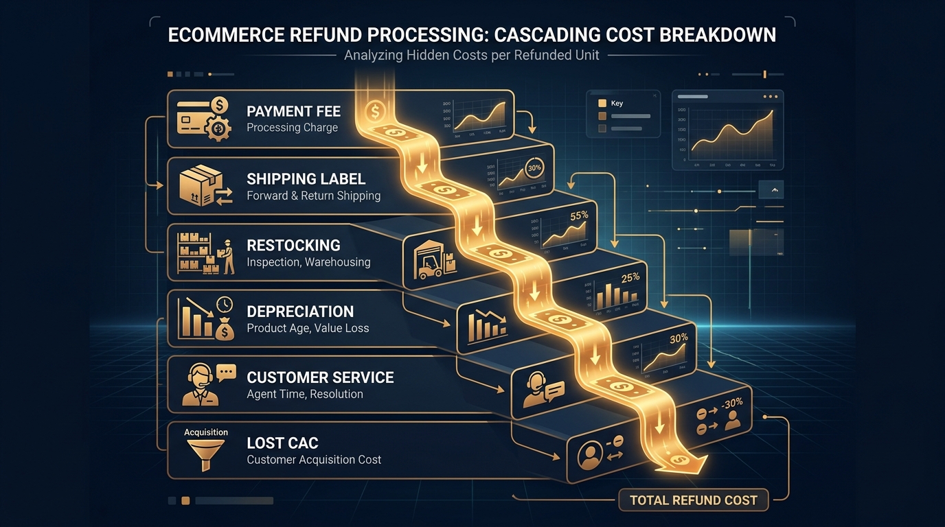 Breakdown of the true cost of processing refunds in ecommerce showing 6 hidden cost layers beyond just the refund amount
