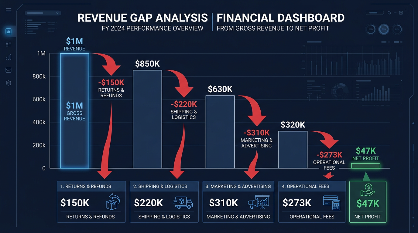Chart showing the gap between Shopify revenue and actual profit with hidden cost breakdown for ecommerce stores