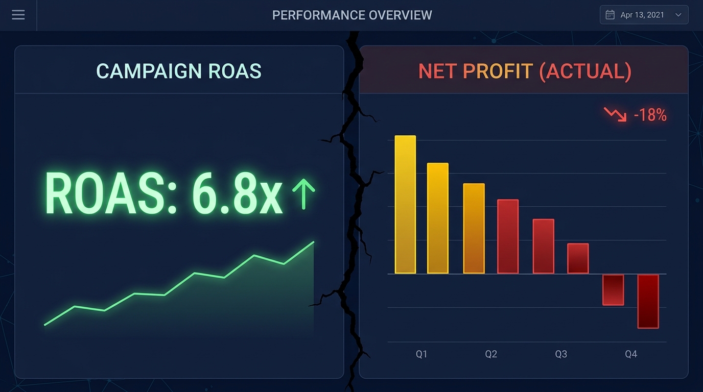 Comparison showing high ROAS metric versus actual profit margin for ecommerce stores revealing the ROAS profitability trap