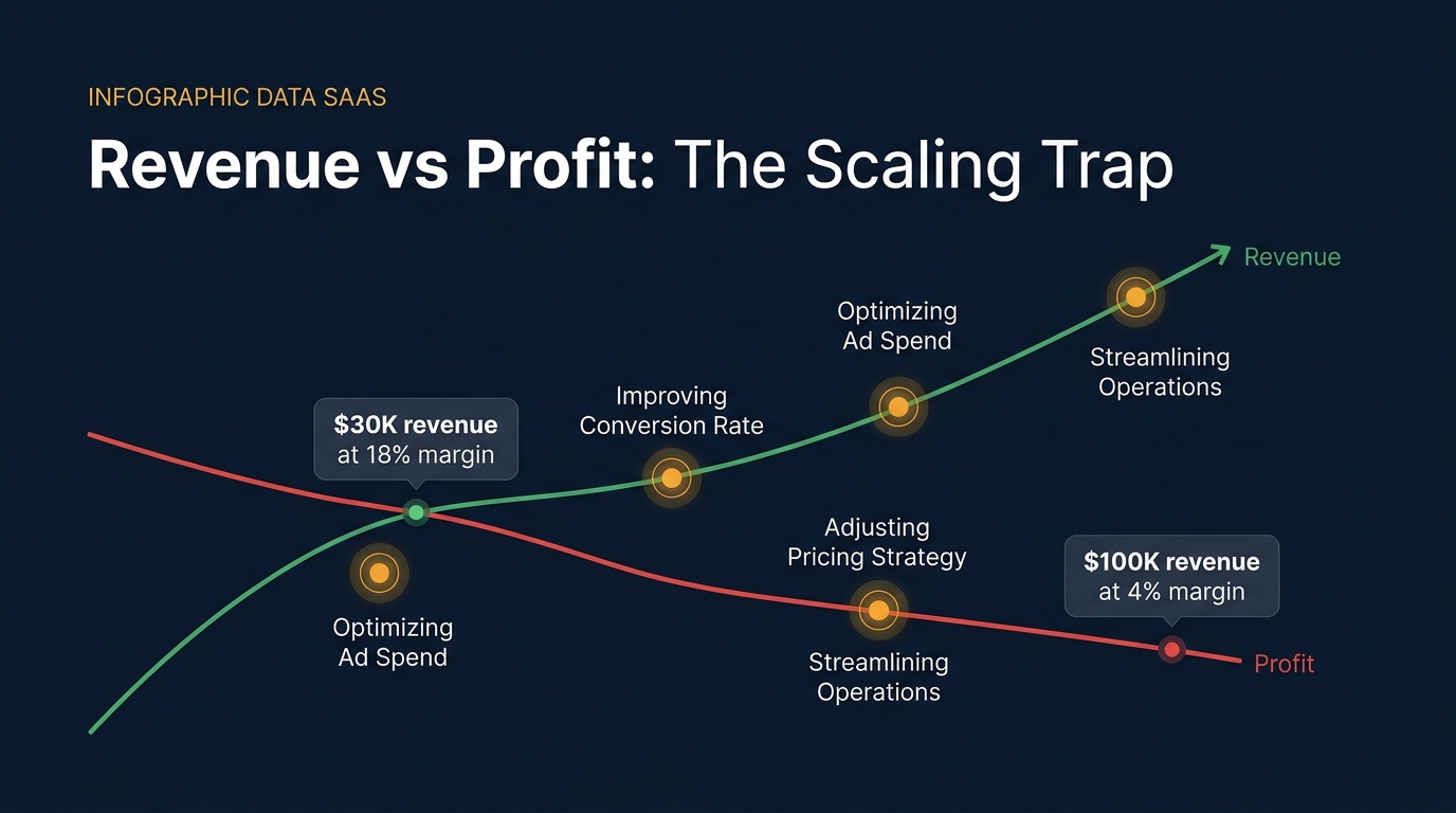 Ecommerce scaling infographic showing revenue growth curve vs profit margin decline with intervention points