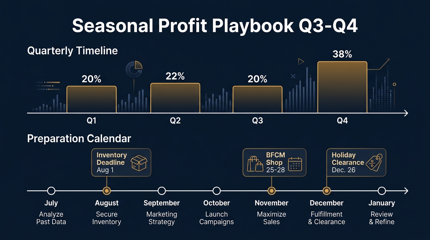Ecommerce seasonal planning infographic showing quarterly revenue distribution and profit protection strategies