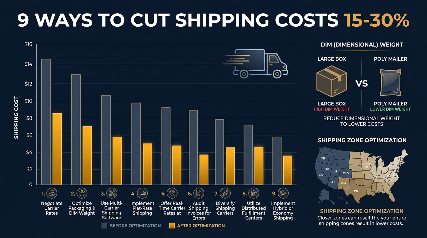 Shipping cost optimization infographic showing 9 tactics with before/after cost comparison for ecommerce stores