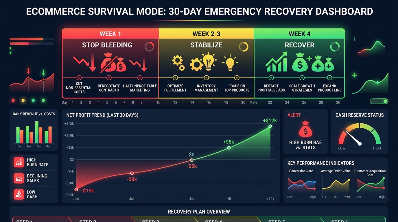 Emergency dashboard showing ecommerce store in survival mode with 30-day recovery plan timeline and priority action steps